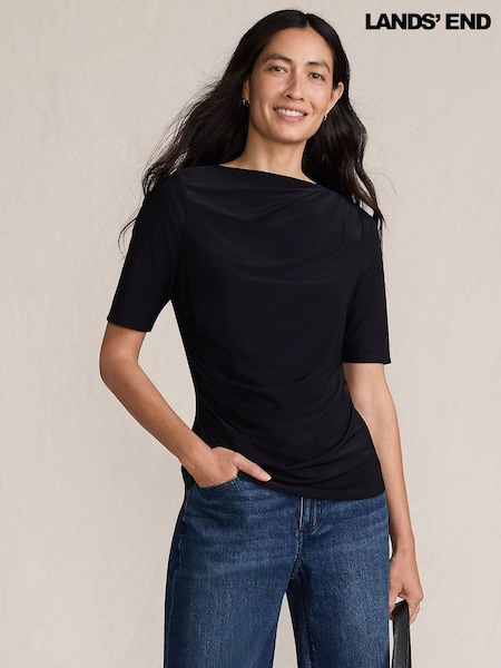 Lands' End Black Elbow Sleeve Silky Soft Side Ruched Top (W15360) | £40