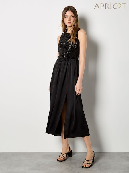 Apricot Black Sequin Bodice Satin Dress (W15459) | £50