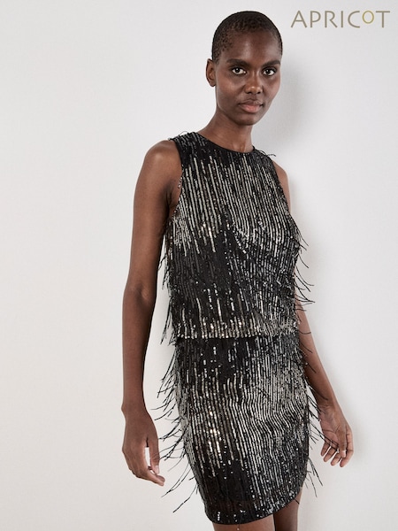 Apricot Black Sequin Stripe Fringe Skirt (W15477) | £40