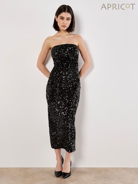 Apricot Black Velvet Sequin Bandeau Midi Dress (W15479) | £50