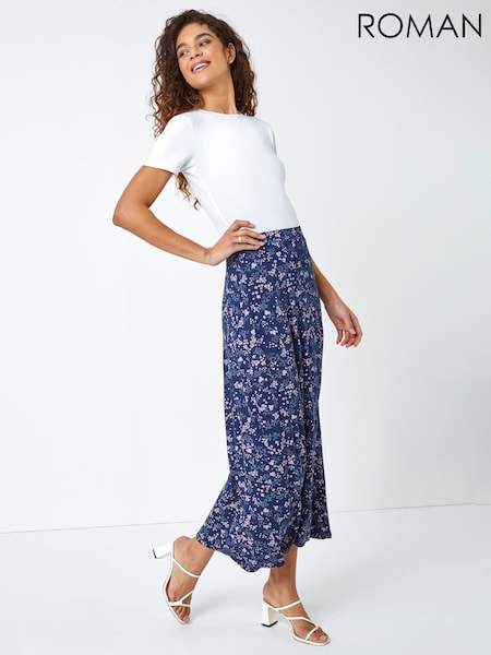 Roman Blue Floral Print Stretch Midi Skirt (W15739) | £32