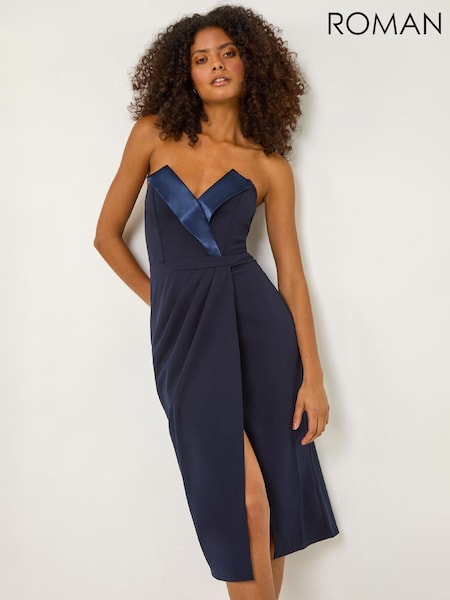 Roman Blue Bandeau Collar Stretch Midi Dress (W15742) | £75