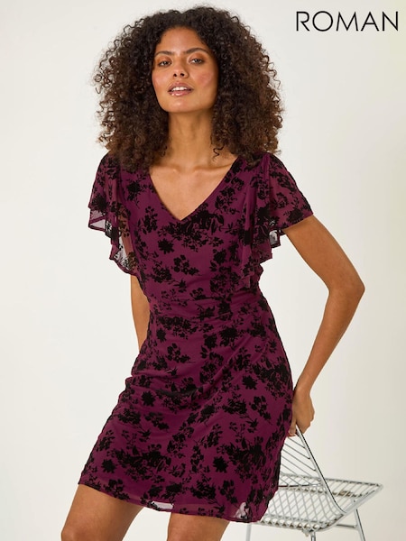 Roman Red Floral Print Angel Sleeve Mini Dress (W15745) | £60