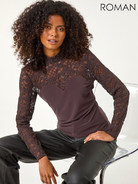 Roman Brown Baroque Lace Stretch Blouse (W15761) | £52