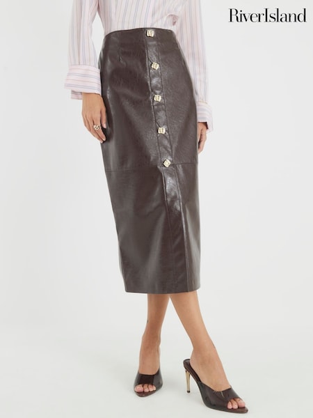 River Island Brown Faux Leather Square Button Midi Skirt (W16131) | £44