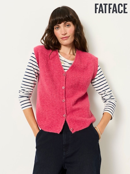 Dark Pink - Fatface Wool Rich Soft Knit Button Front Vest