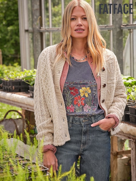 Natural - Fatface Floral Knitted Cable Button Front Cardigan