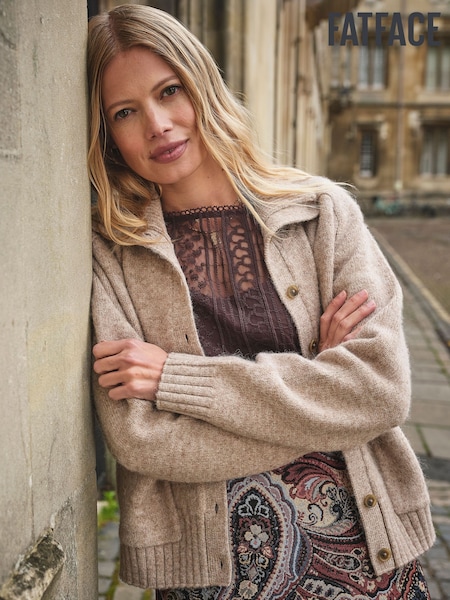 Natural - Fatface Funnel Neck Knitted Cardigan