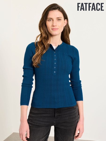 Teal Blue - Fatface Knitted Henley Jumper