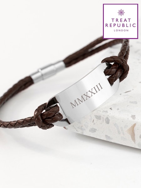 Treat Republic Personalised Men's Roman Numerals Statement Leather Bracelet (W16376) | £30