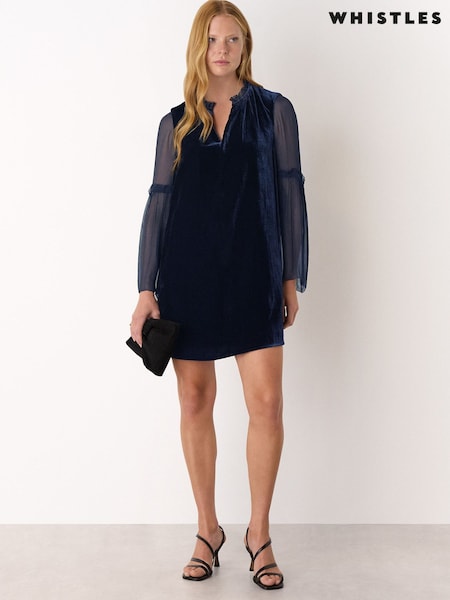 Whistles Blue Velvet Sheer Sleeve Dress (W16484) | £159
