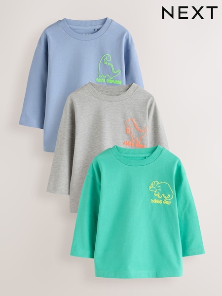 Blue/Green/Grey Dino - Long Sleeve Graphic T-shirts 3 Pack (3mths-7yrs)