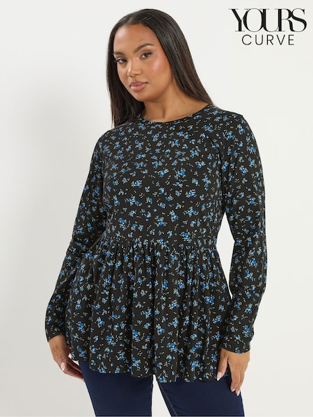 Yours Curve Blue Long Sleeve Peplum Cotton Top (W17024) | £22