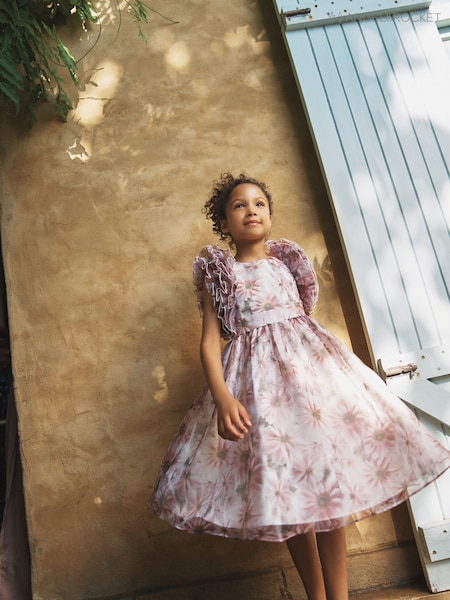 Angel & Rocket Pink Flora Ruffle Sleeve Organza Print Dress (W17156) | £68 - £76