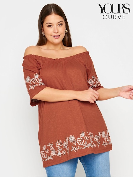 Yours Curve Orange 100% Cotton Embroidered Detail Bardot Top (W17165) | £26