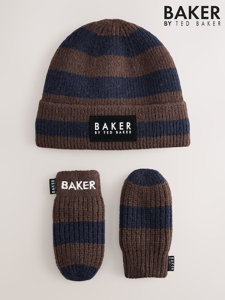 Blue/Chocolate Brown - Baker By Ted Baker Stripe Beanie And Mittens Set