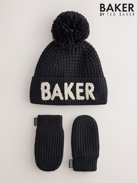 Black - Baker By Ted Baker Boucle Faux Fur Pom Hat And Mittens Set