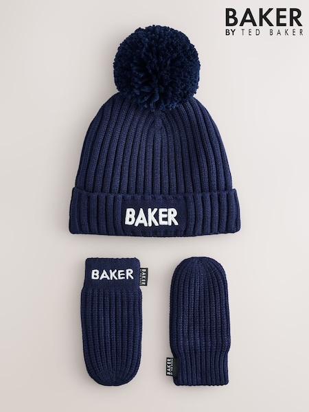 Navy - Baker By Ted Baker Logo Knitted Pom Hat And Mittens Set