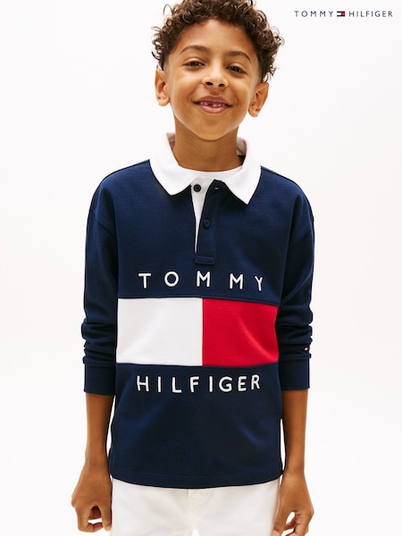 Tommy Hilfiger Blue Heritage Colour-Blocked Flag Long Sleeve Polo Shirt (W17426) | £55 - £65