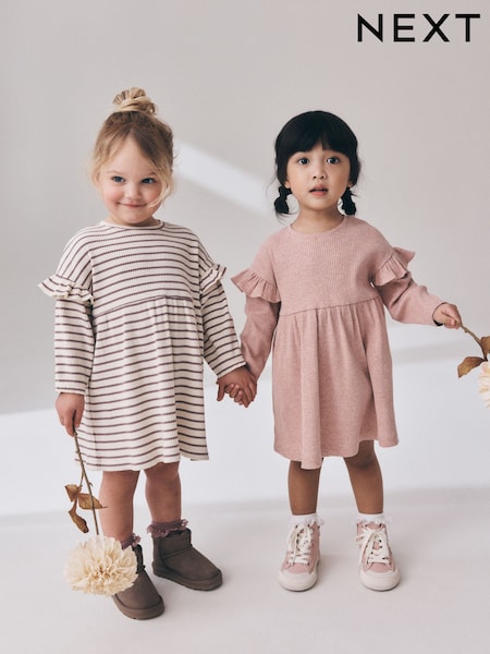 Neutral Stripe/Pale Pink - Long Sleeve Frill Sleeve Ribbed Dresses 2 Pack (3mths-7yrs)