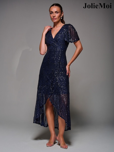 Jolie Moi Blue Sequin Angel Sleeve Ruffle Hem Maxi Dress (W17599) | £95