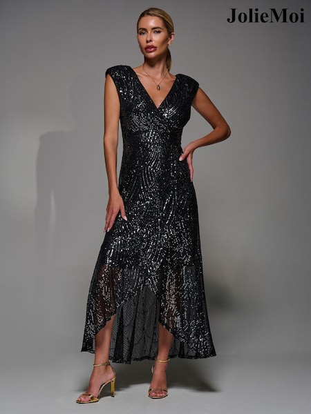 Jolie Moi Black Chrome Sequin Asymmetric Ruffle Hem Maxi Dress (W17604) | £89