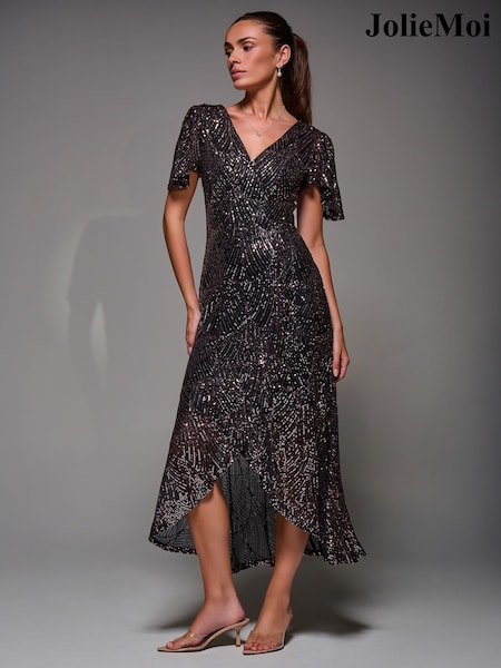 Jolie Moi Black Sequin Angel Sleeve Ruffle Hem Maxi Dress (W17605) | £95