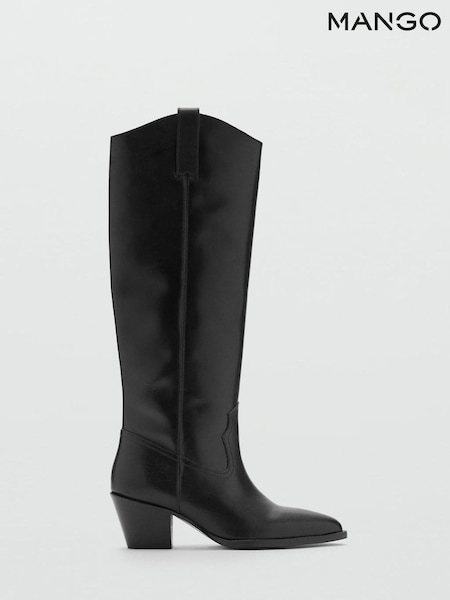 Mango Black Leather High Leg Western Boots (W17687) | £110