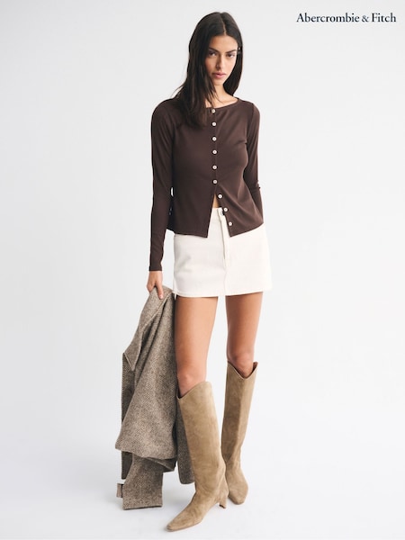Abercrombie & Fitch Brown Long Sleeve Button Detail Square Neck Top (W17721) | £39