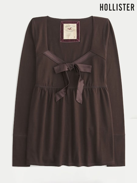 Hollister Knitted Long Sleeve Baby Doll Bow Brown Top (W17801) | £26