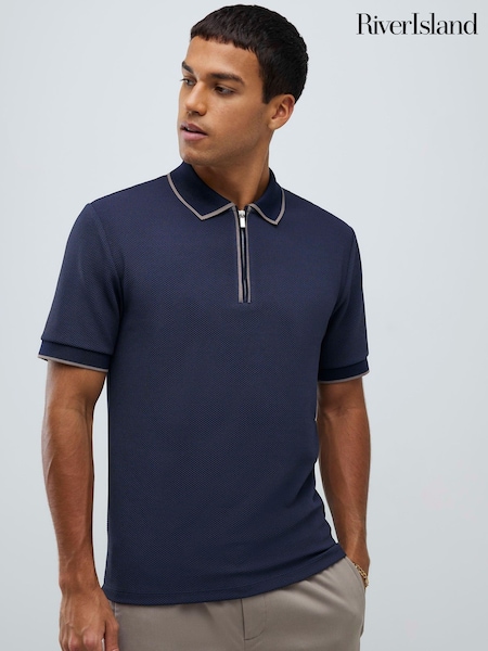 River Island Blue Slim Fit Textured Zip Neck Polo Shirt (W18075) | £32