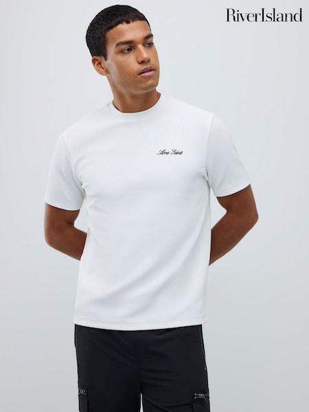 River Island White Slim Fit Textured Ame Saint T-Shirt (W18083) | £26