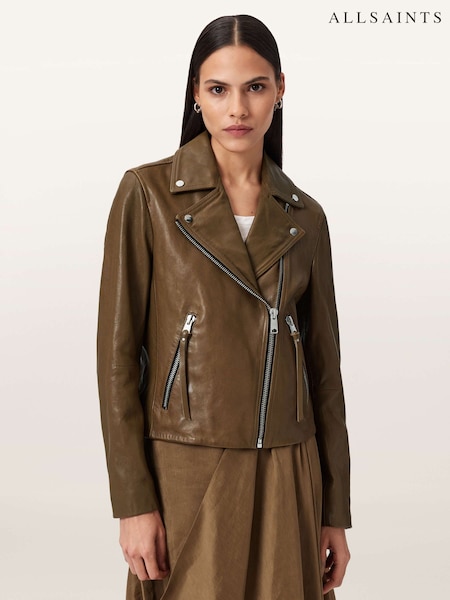 AllSaints Green Dalby Leather Biker Jacket (W18245) | £349