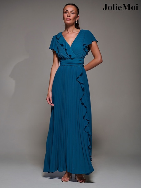 Jolie Moi Green Pleated Frill Detail Chiffon Maxi Dress (W18282) | £78
