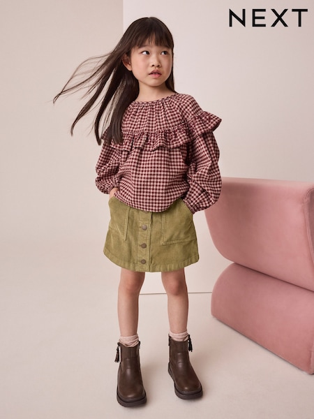 Khaki Green Cord - Button Front Detail Skirt (3-16yrs)