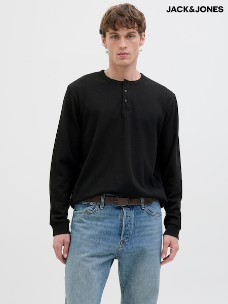 JACK & JONES Black Long Sleeve Henley T-Shirt (W18327) | £25