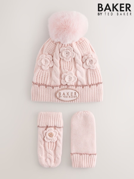 Pink - Baker By Ted Baker Corsage Knitted Hat And Mittens Set