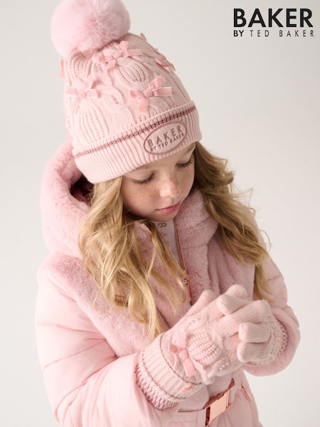 Pink - Baker By Ted Baker Bow Knitted Pom Hat And Gloves Set