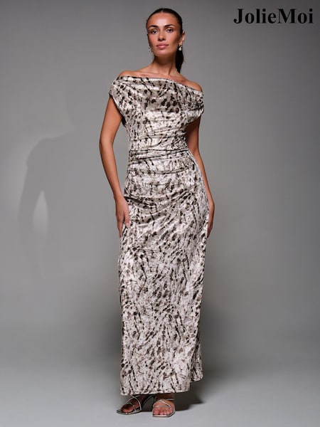 Jolie Moi Gold Printed Velvet Draped Maxi Dress (W18416) | £79