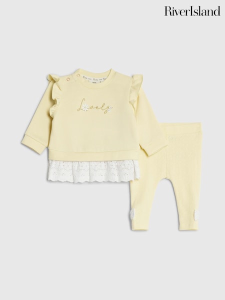 River Island Yellow Broderie Frill Sweat Top & Leggings Set (W18436) | £24