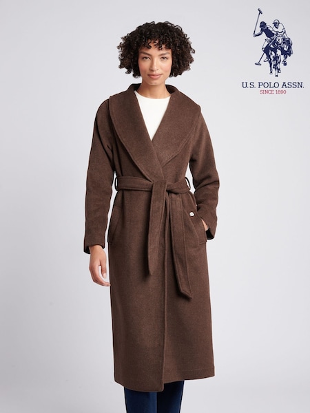 U.S. Polo Assn. Brown Wool Blend Wrap Belted Coat (W18685) | £300