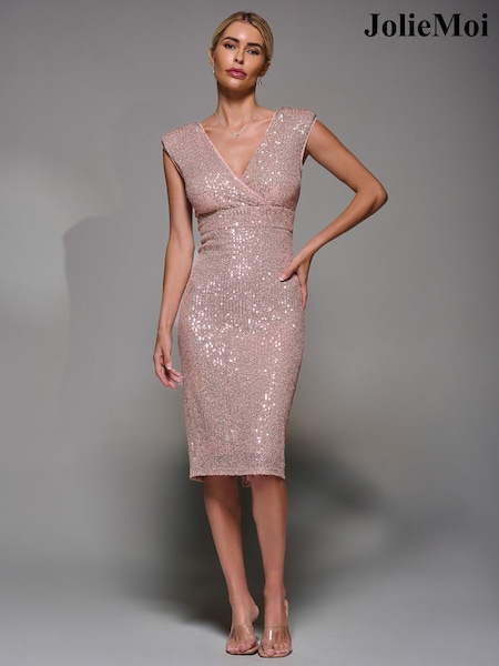 Jolie Moi Pink Wrap Bodice Sequin Midi Dress (W18797) | £60