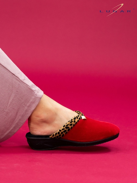 Lunar Red Michelle Animal Print Trim Wedged Mule Slippers (W18807) | £28