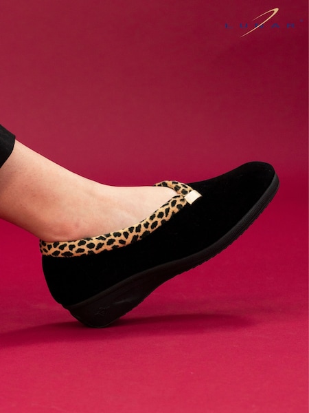 Lunar Black Paloma Animal Print Trim Wedged Slippers (W18866) | £28