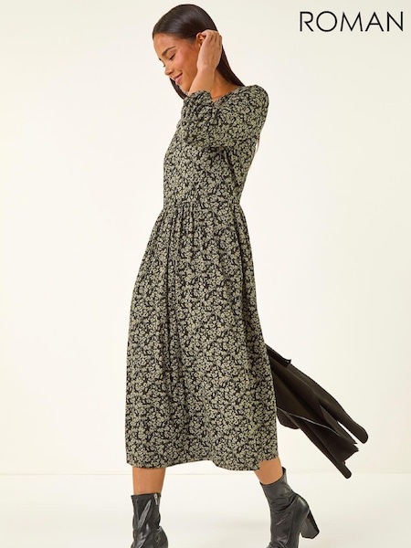 Roman Green Petite Floral Midi Dress (W18885) | £48