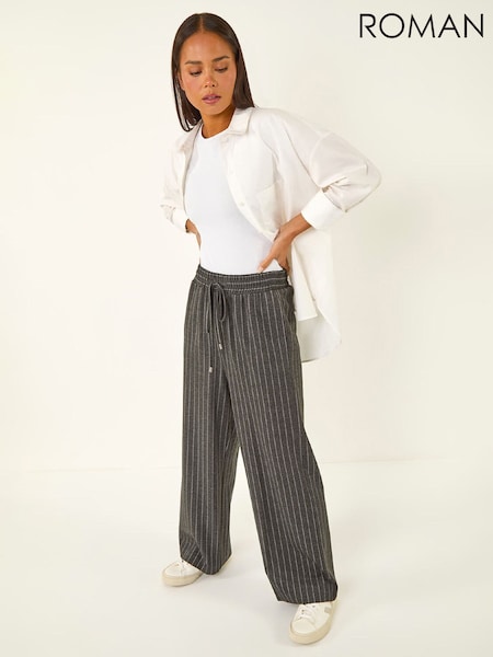 Roman Grey Petite Stripe Wide Leg Stretch Trousers (W18894) | £36