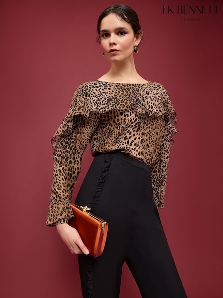 LK Bennett Brown Edith Animal Print Frill Detail Blouse (W19129) | £249