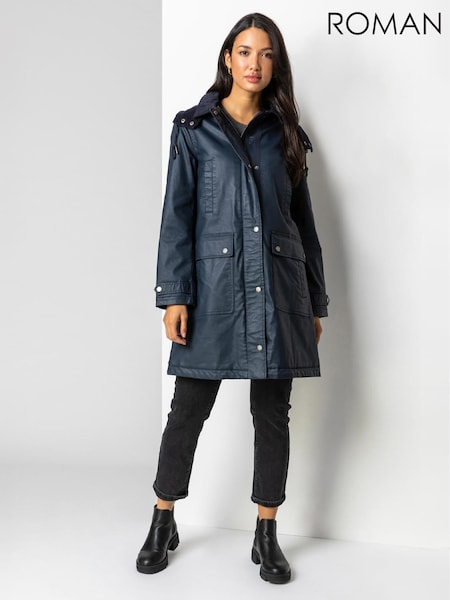 Roman Blue Waxed Longline Hooded Coat (W19136) | £140