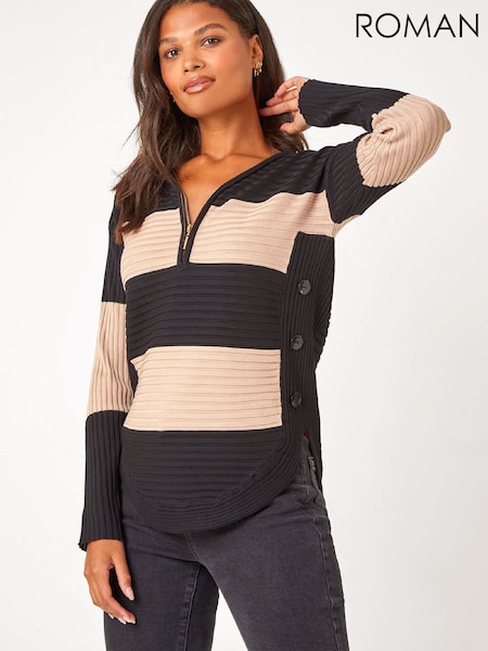 Roman Natural Cotton Blend Stripe Zip Knit Jumper (W19140) | £50
