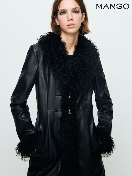 Mango Black Faux Leather Faux Fur Trim Coat (W19217) | £80 - £120